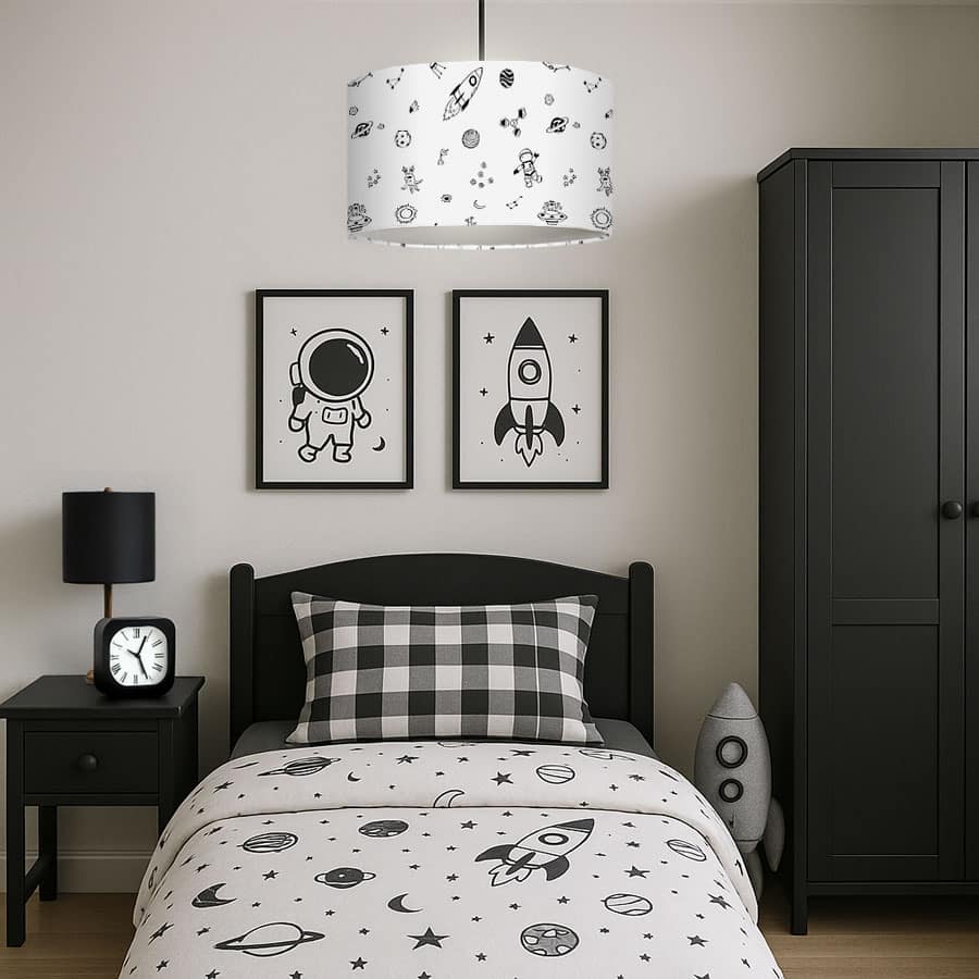 Monochrome Space Lampshade on a ceiling pendant in a child's space themed bedroom with monochrome colour scheme