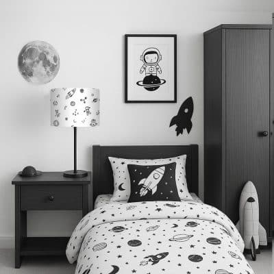 Monochrome Space Lampshade on a table lamp in a child's space themed bedroom with monochrome colour scheme