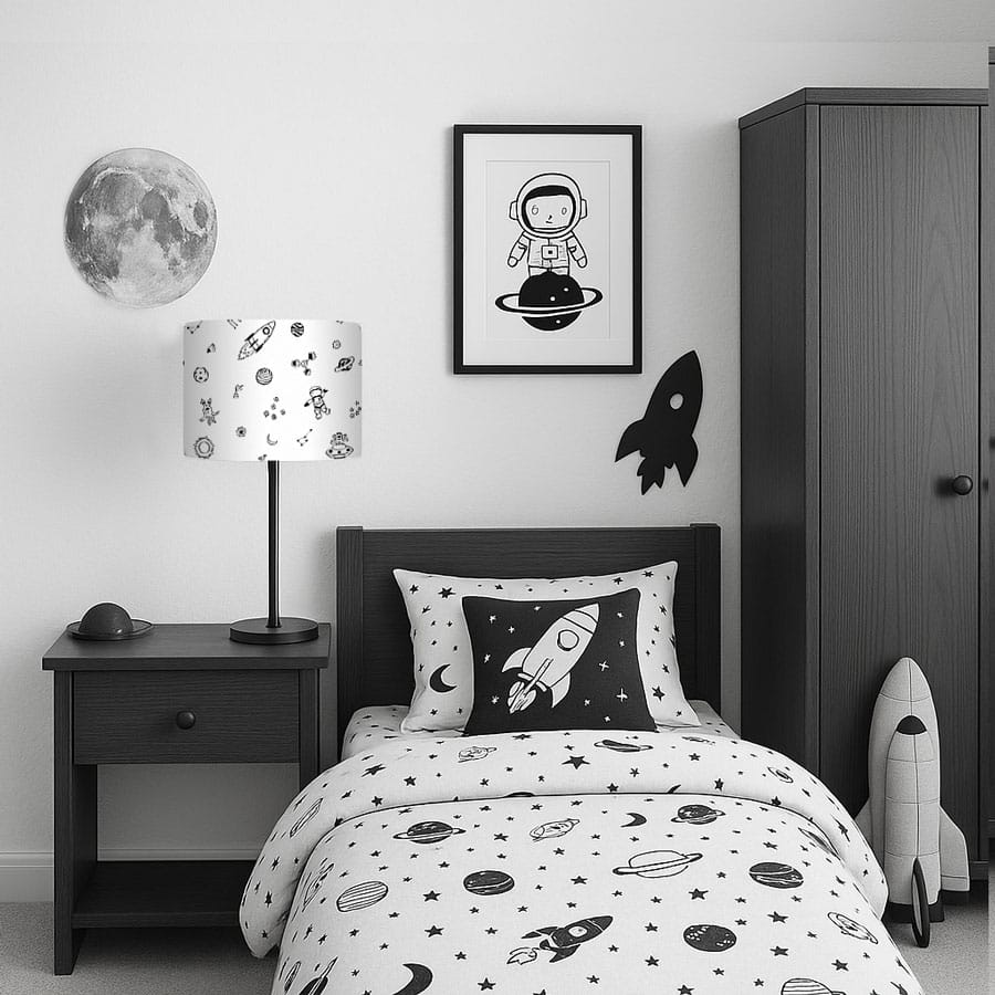 Monochrome Space Lampshade on a table lamp in a child's space themed bedroom with monochrome colour scheme
