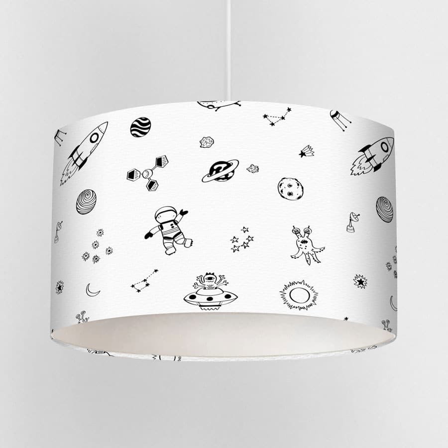 Monochrome Space Lampshade on a white background with ceiling pendant