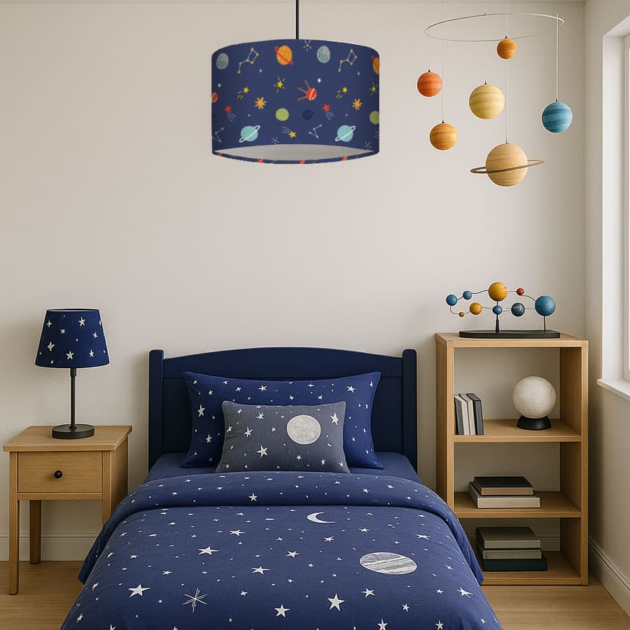 Multicoloured Space Lampshade in a bold space themed child's bedroom featuring planets and blue colour accents
