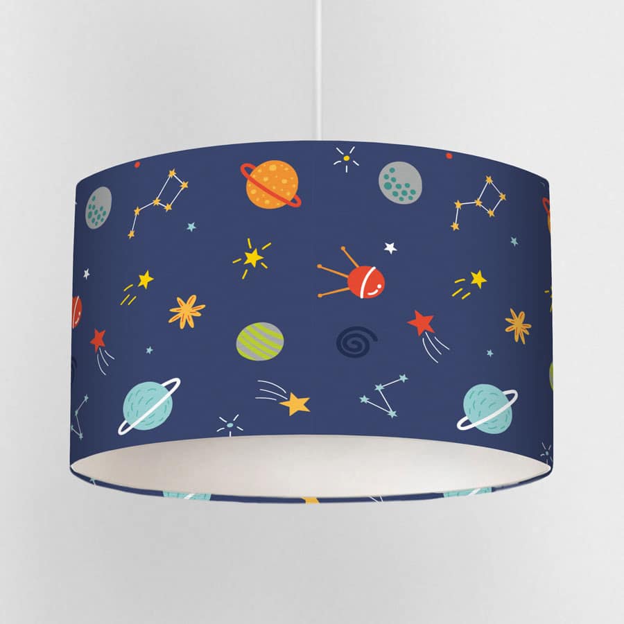 Multicoloured Space Lampshade on a white background with a ceiling pendant