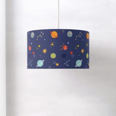 Multicoloured Space Lampshade on a ceiling pendant featuring a brightly colour space elements on a dark blue background