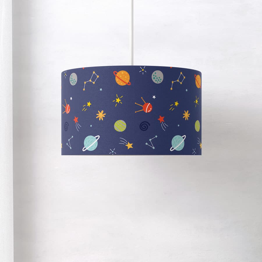 Multicoloured Space Lampshade on a ceiling pendant featuring a brightly colour space elements on a dark blue background