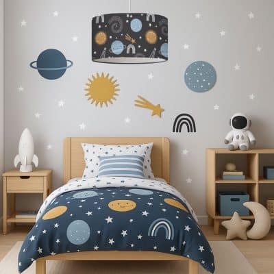 blue and gold space themed lampshade in a child's bedroom