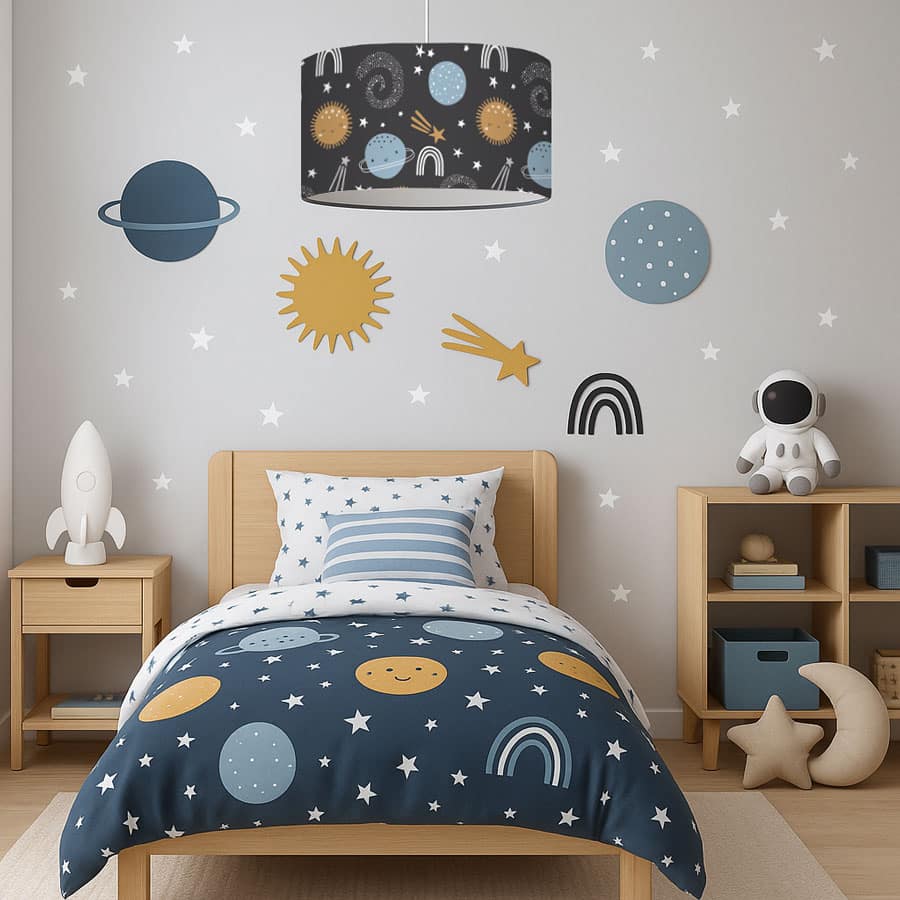 blue and gold space themed lampshade in a child's bedroom