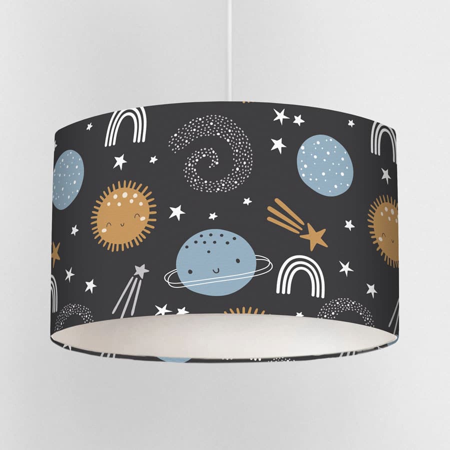 blue and gold space themed lampshade on a white background