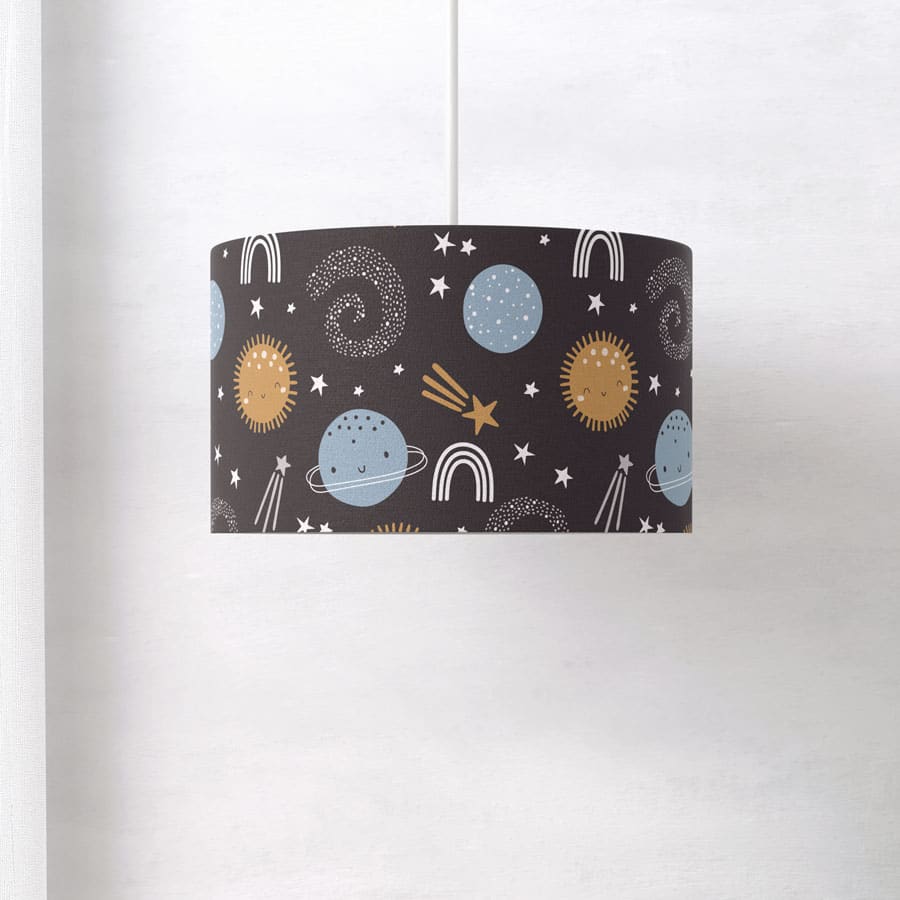 blue and gold space themed lampshade on a white background