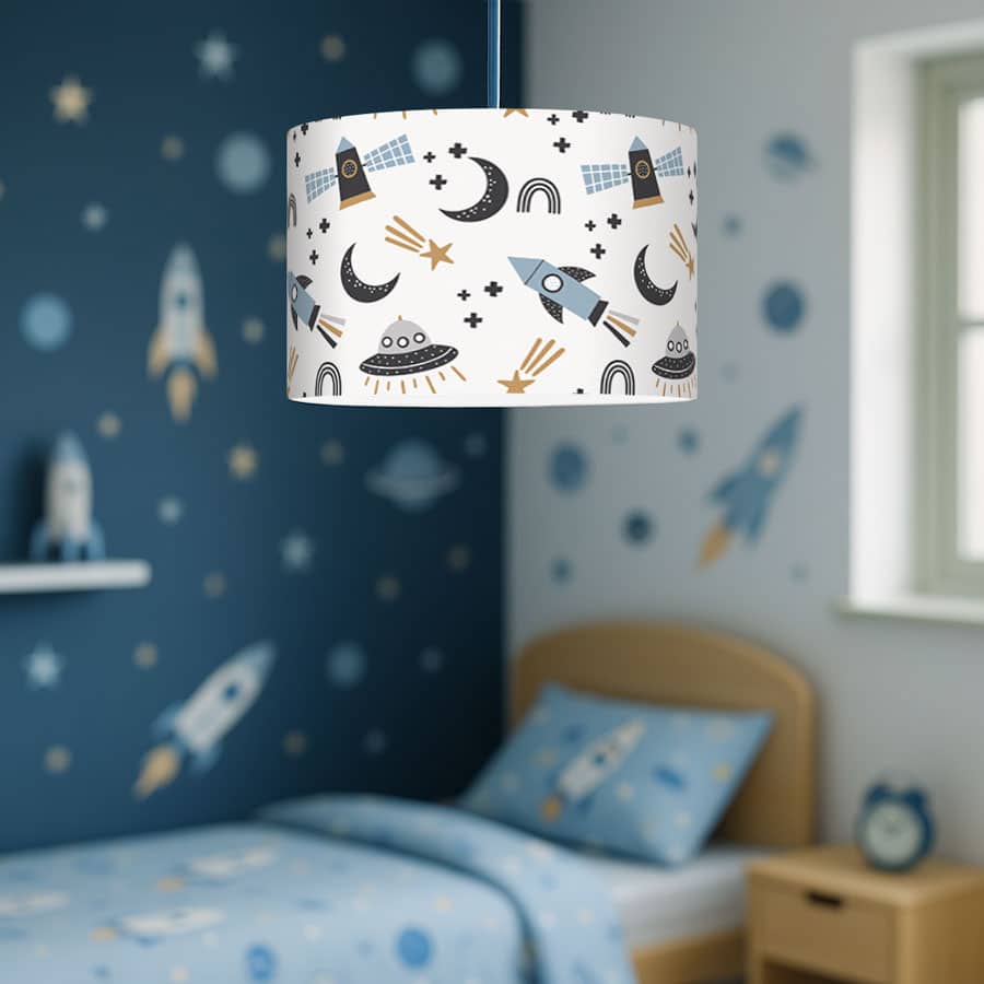 Scandi space-themed lampshade hanging above a child’s bed, with coordinating rocket and planet wall stickers in a blue space-themed bedroom.