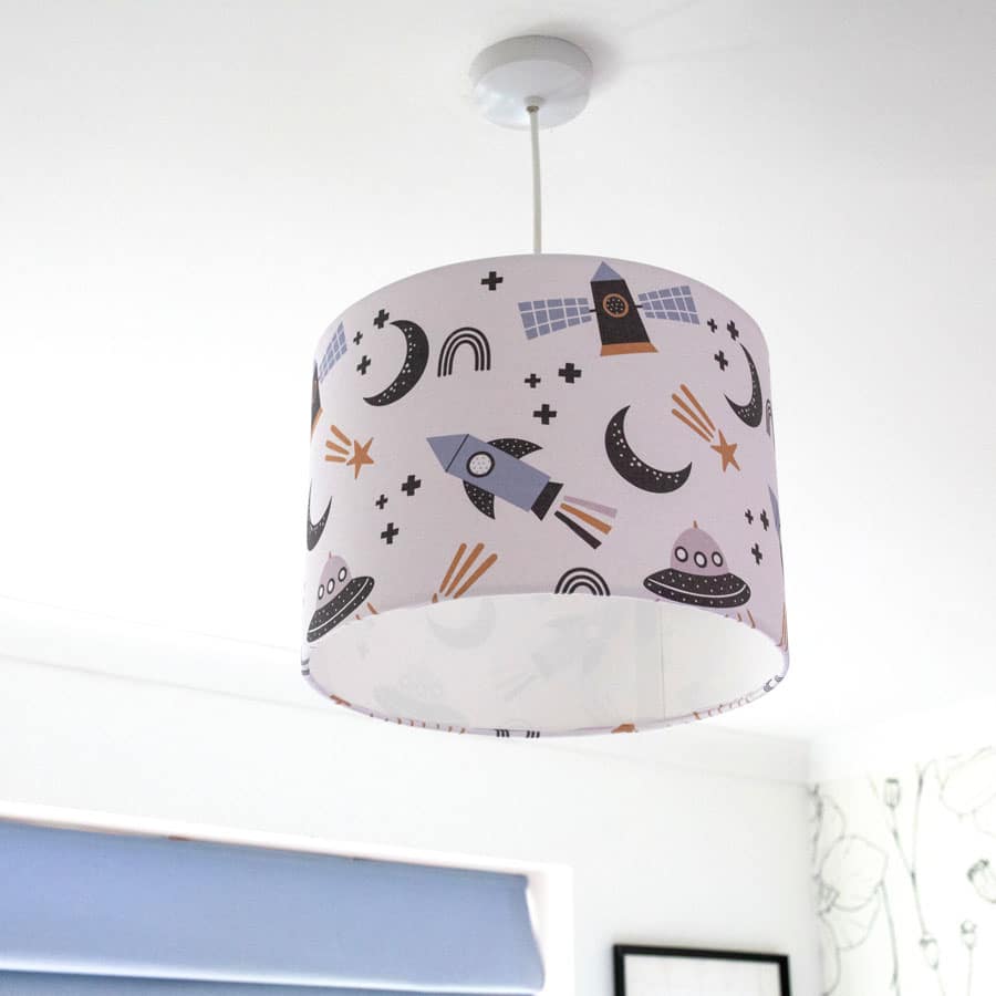 Scandi Space Lampshade in a child's bedroom on a ceiling pendant