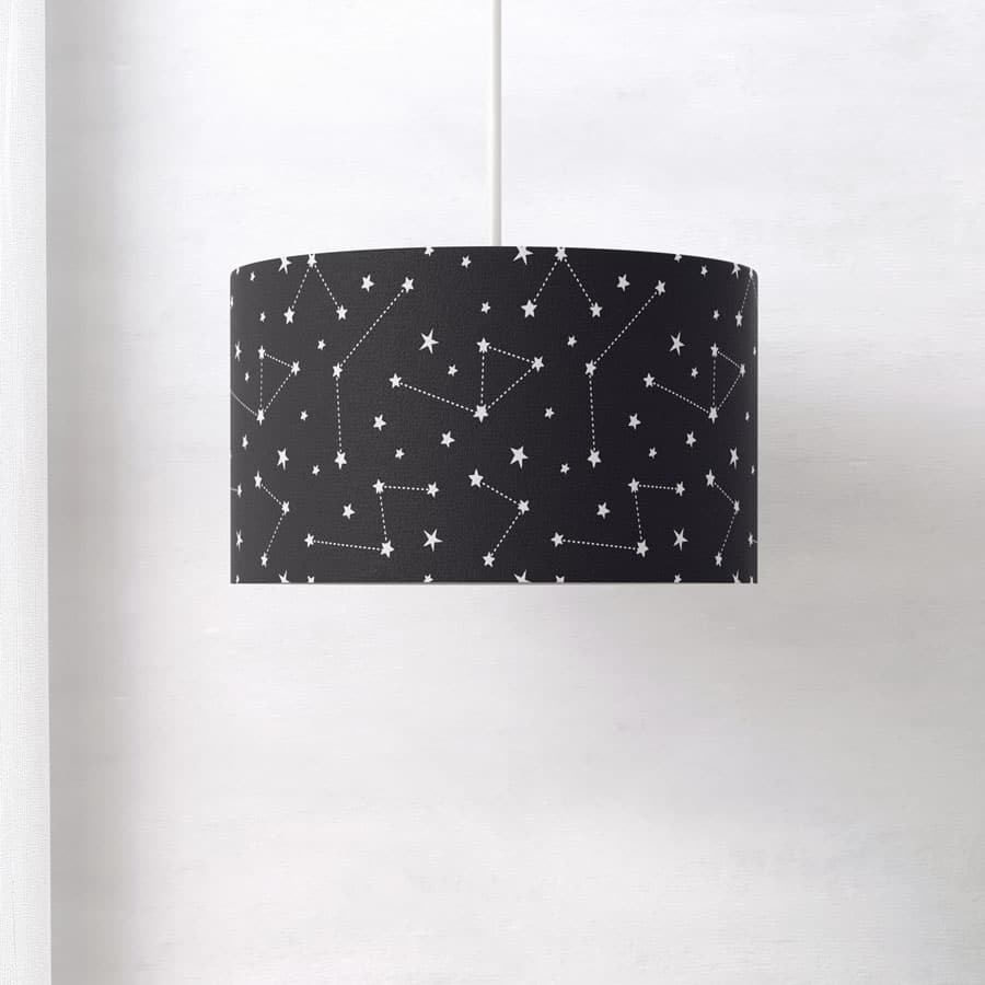 Side view of the Dark Constellations lampshade, highlighting the smooth printed finish and wraparound night-sky design.