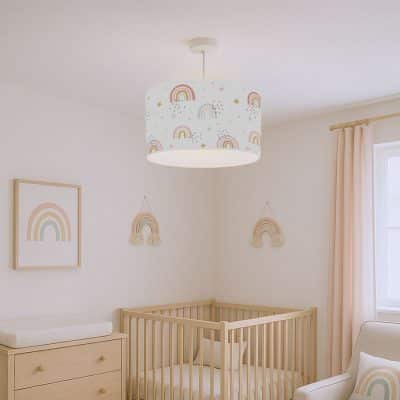 pastel rainbows lampshade in a nursery with soft pastel tones