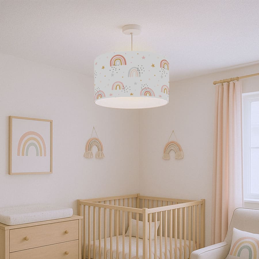 pastel rainbows lampshade in a nursery with soft pastel tones