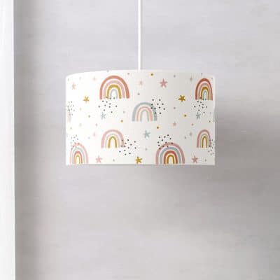 pastel rainbows lampshade on a white ground shown on a ceiling light fitting