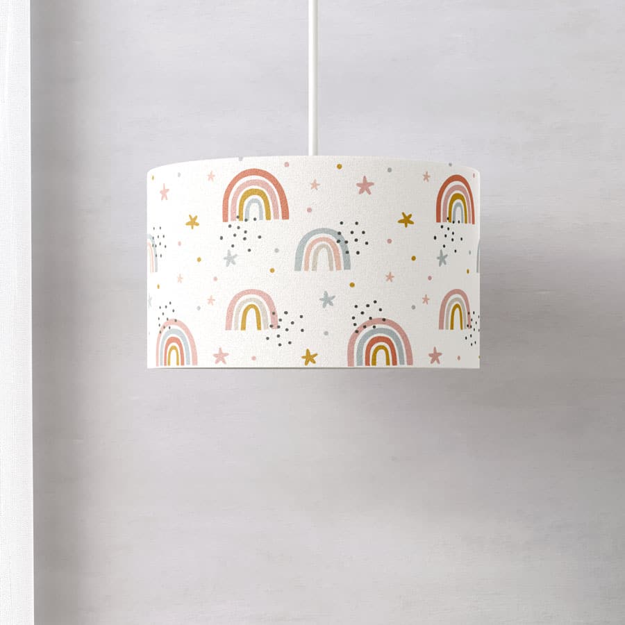 pastel rainbows lampshade on a white ground shown on a ceiling light fitting
