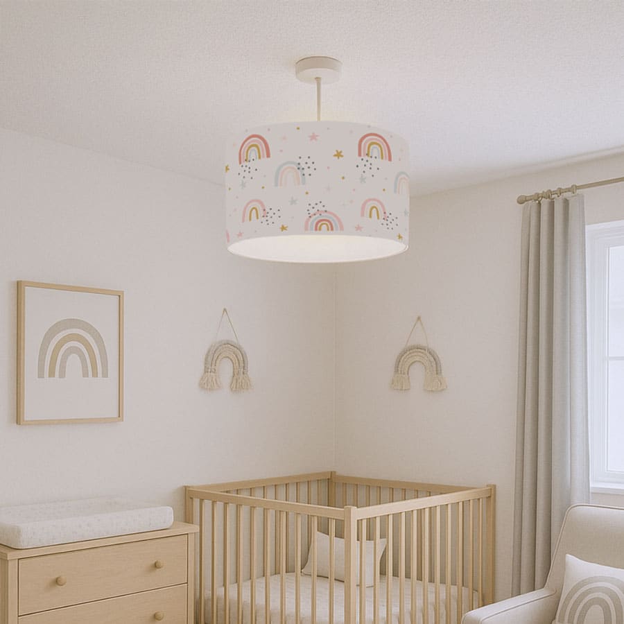grey rainbows lampshade in a nursery with soft pastel tones