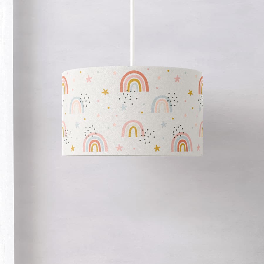 grey rainbows lampshade on a white ground shown on a ceiling light fitting