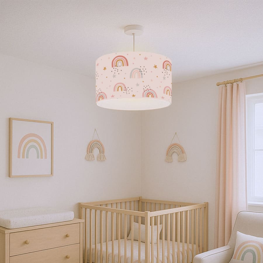 pink rainbows lampshade in a nursery with soft pink tones