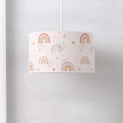 pink rainbows lampshade on a white ground shown on a ceiling light fitting