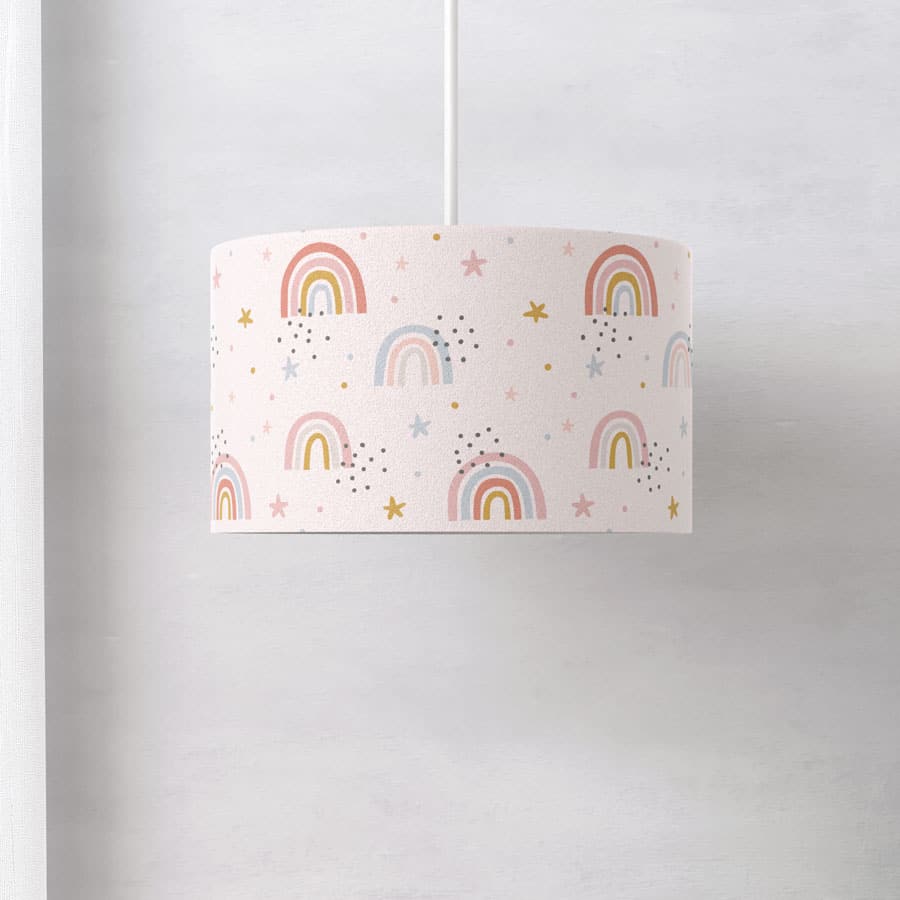 pink rainbows lampshade on a white ground shown on a ceiling light fitting