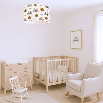 rainbows and suns lampshade in a minimalist gender neutral nursery