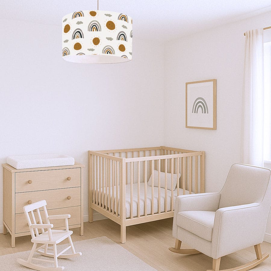 rainbows and suns lampshade in a minimalist gender neutral nursery