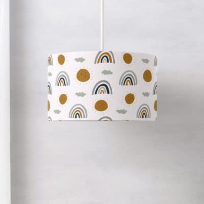rainbows and suns lampshade featuring scandi colour palette on a white background perfect for a boy's nursery
