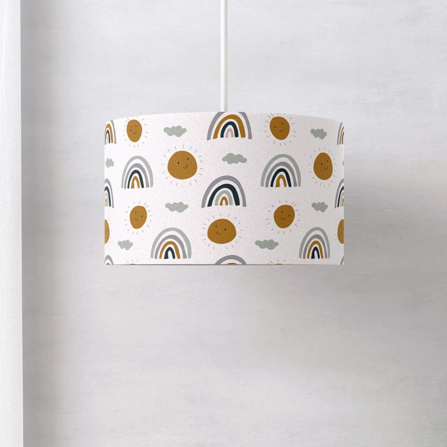 rainbows and suns lampshade featuring scandi colour palette on a white background perfect for a boy's nursery