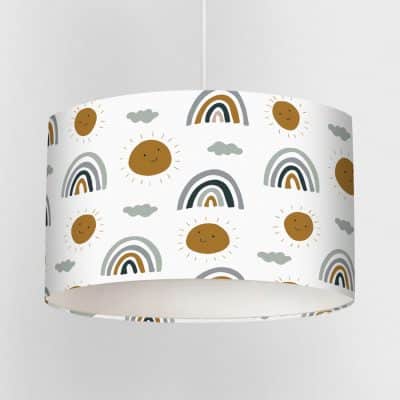 rainbows and suns lampshade featuring scandi colour palette on a white background