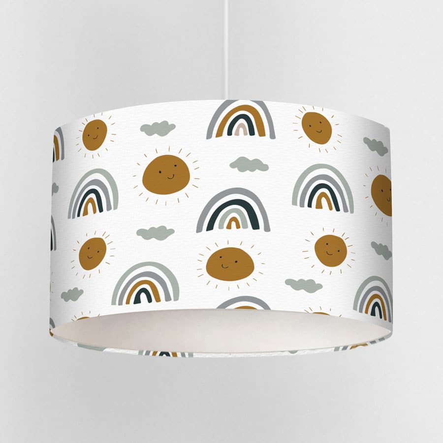 rainbows and suns lampshade featuring scandi colour palette on a white background