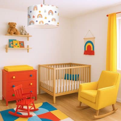 Bright Stars and Rainbows Lampshade in a bold nursery theme with primary colours