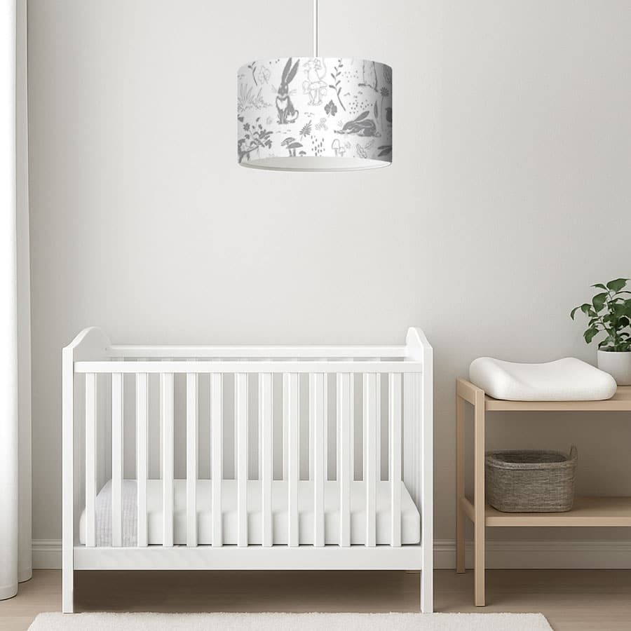 grey sketch hares lampshade guess how much I love you themed lampshade in a soft grey nursery