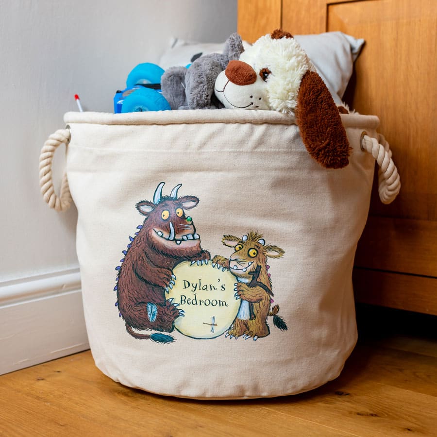 Personalised Gruffalo’s Child soft storage basket filled with toys, styled in a child’s bedroom – ideal for storing books, clothes or soft toys.