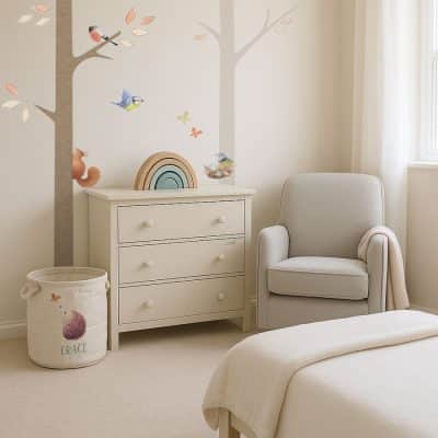 Hedgehog soft storage basket with custom name “Grace”, styled in a neutral nursery – part of the Ginger Betty nursery decor collection.