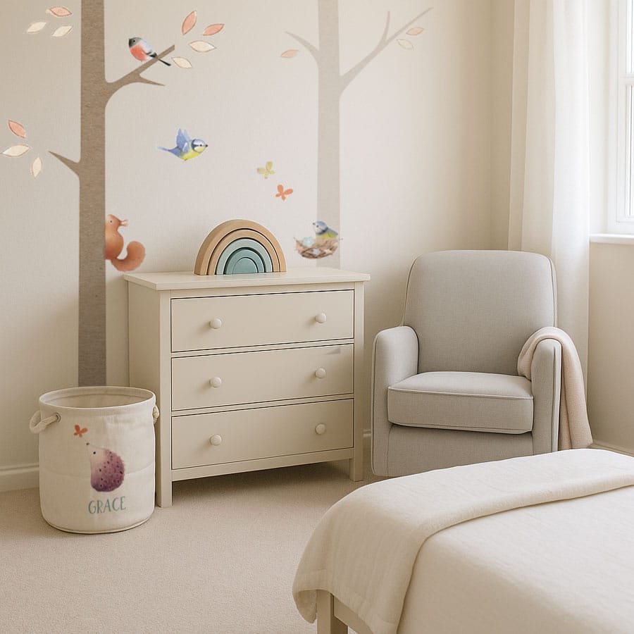 Hedgehog soft storage basket with custom name “Grace”, styled in a neutral nursery – part of the Ginger Betty nursery decor collection.