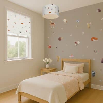 Children's bedroom with woodland wall stickers arranged on a grey feature wall and matching roller blind, creating a playful woodland theme.