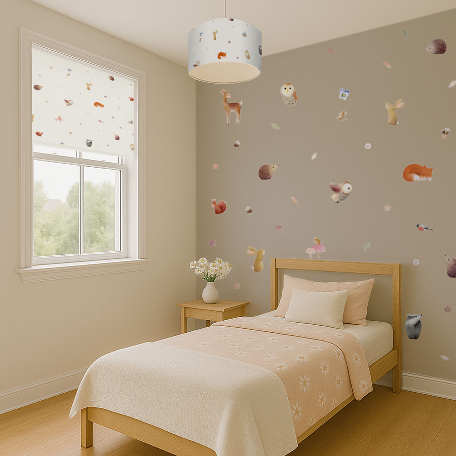 Children's bedroom with woodland wall stickers arranged on a grey feature wall and matching roller blind, creating a playful woodland theme.