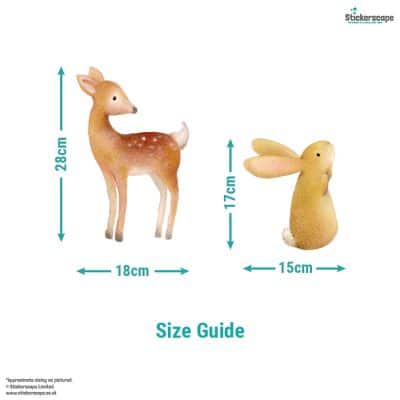 Size guide showing largest woodland wall stickers – a 28cm tall deer and a 17cm tall rabbit – from Stickerscape’s Ginger Betty collection.