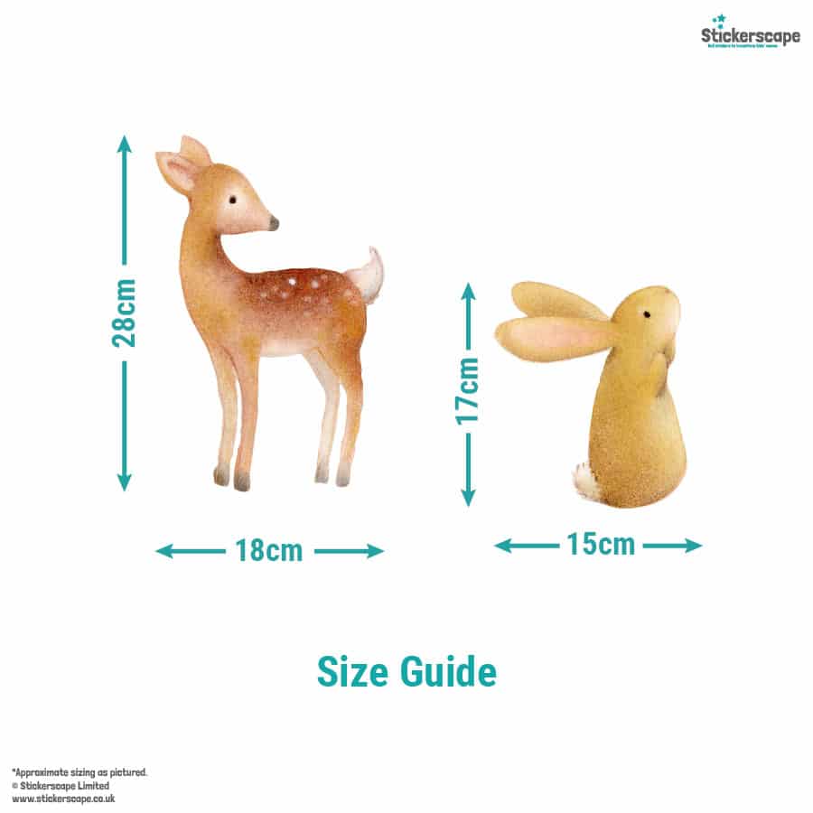 Size guide showing largest woodland wall stickers – a 28cm tall deer and a 17cm tall rabbit – from Stickerscape’s Ginger Betty collection.