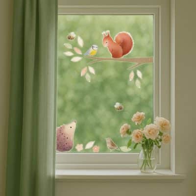 Woodland branch window sticker in a child’s room, showing squirrel and bird on a branch with hedgehog and bee below.