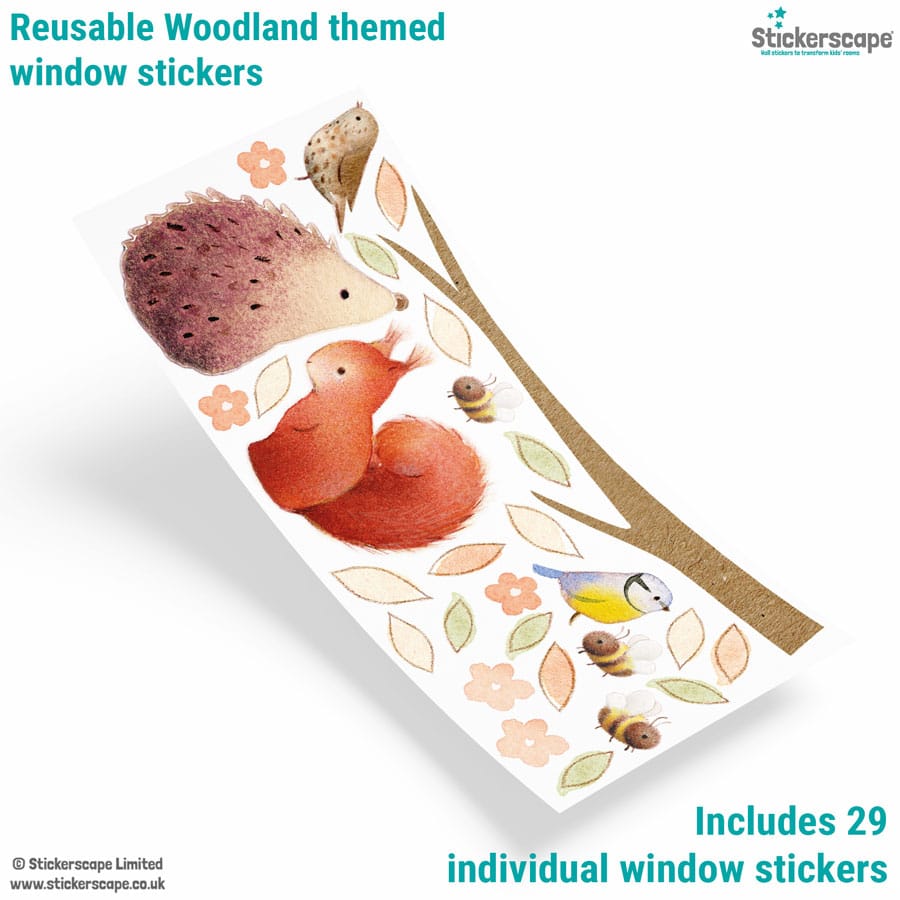 Sheet of 29 woodland-themed window stickers including squirrel, hedgehog, bees, leaves and flowers.
