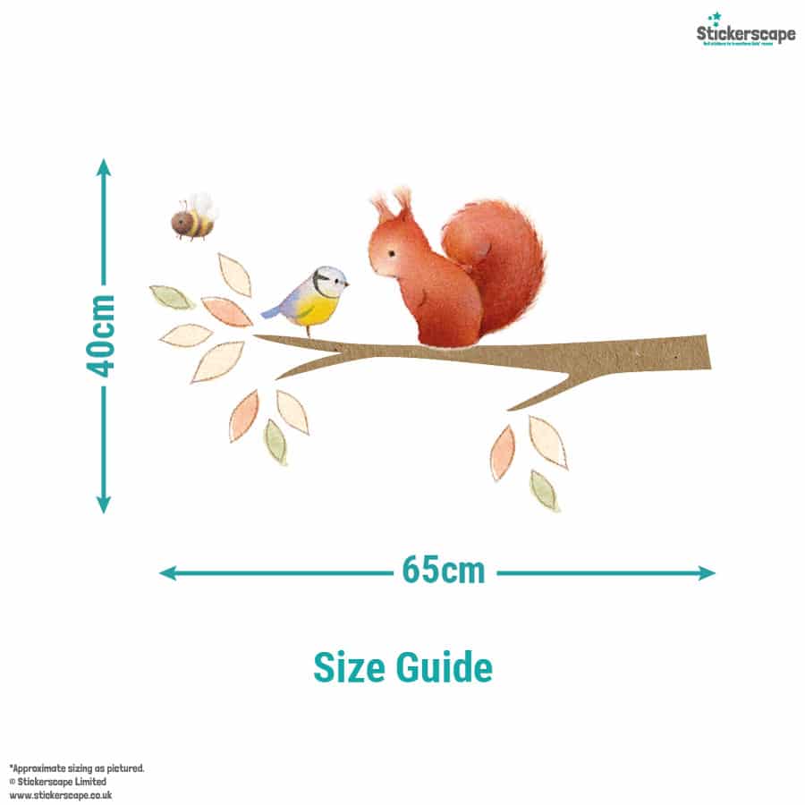 Size guide for woodland branch window sticker showing the main branch section measuring approx. 65cm x 40cm.