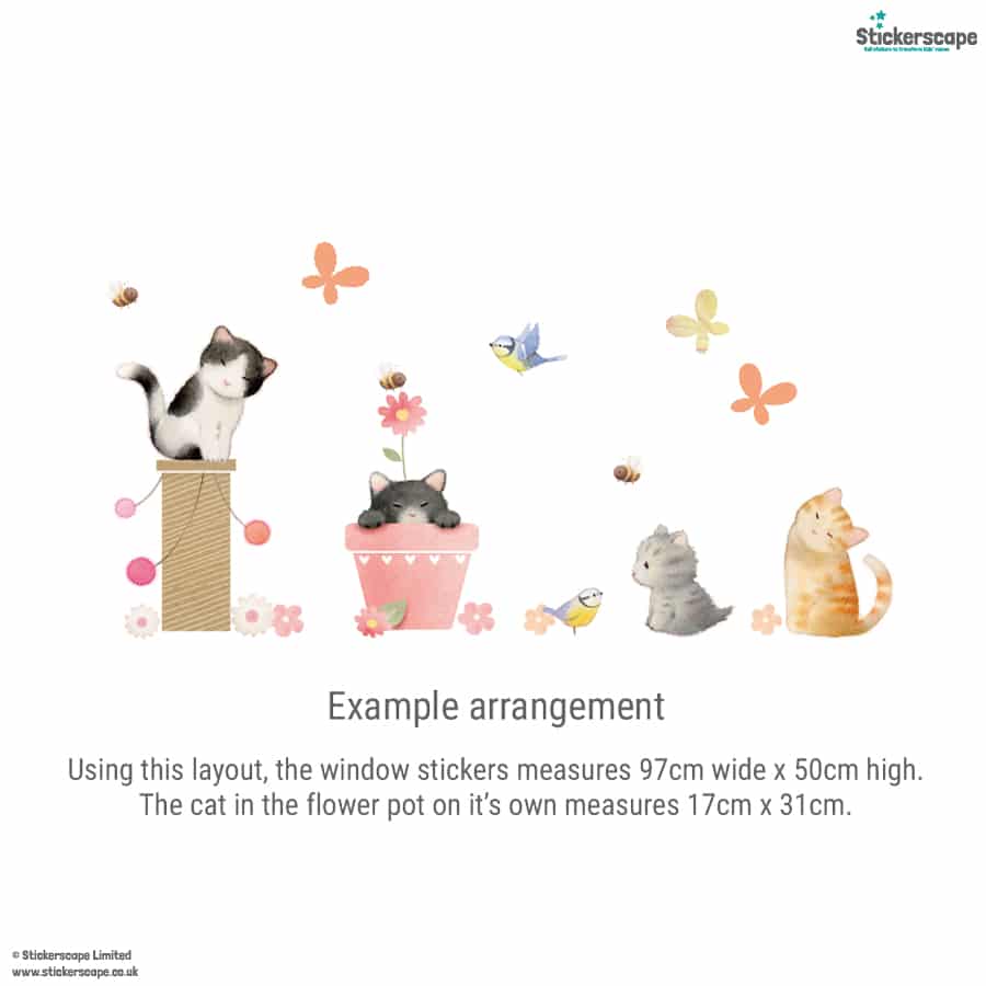 Example layout of cat window stickers featuring playful cats, birds, bees and butterflies – approx. 97cm x 50cm.