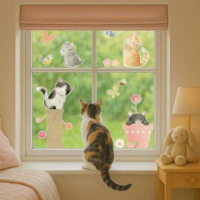 Cat-themed window stickers applied to bedroom window, with real cat looking at the playful sticker designs.