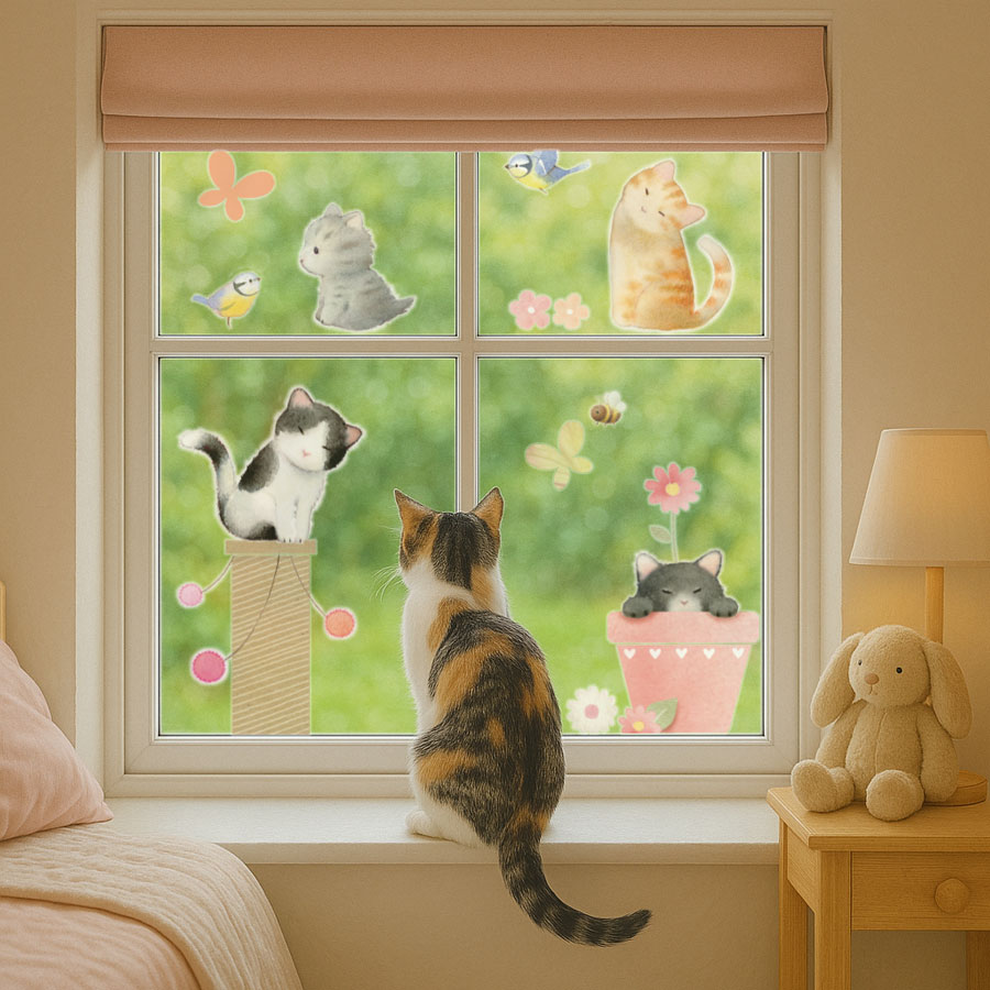 Cat-themed window stickers applied to bedroom window, with real cat looking at the playful sticker designs.
