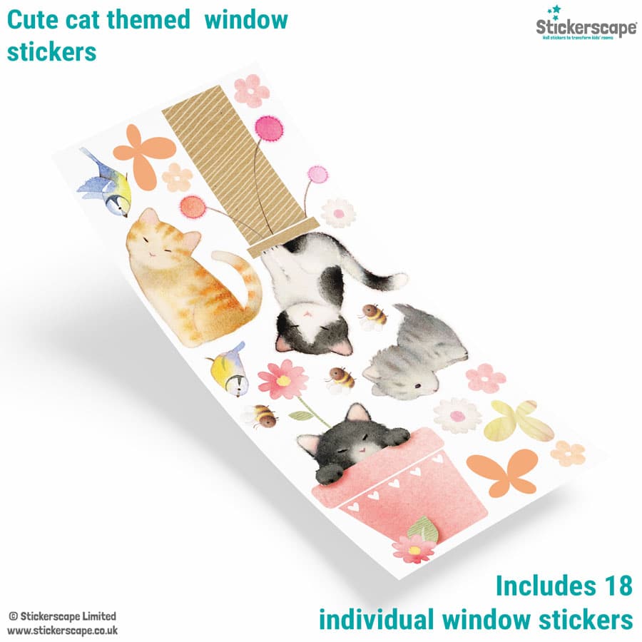 Mockup of cat window sticker sheet with 18 stickers including cats, flowers, birds and bees.