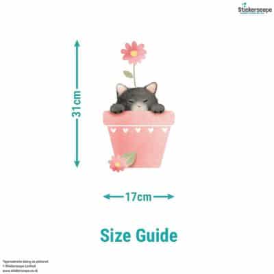 Size guide for cat in flowerpot window sticker showing height of 32cm and width of 17cm.
