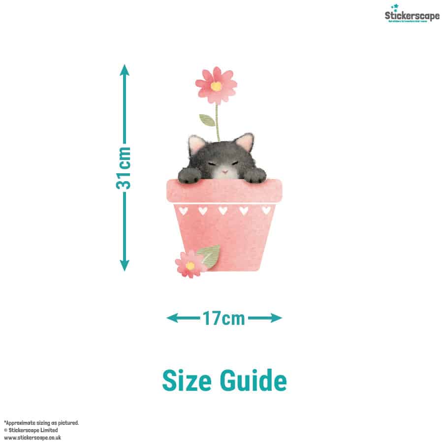 Size guide for cat in flowerpot window sticker showing height of 32cm and width of 17cm.