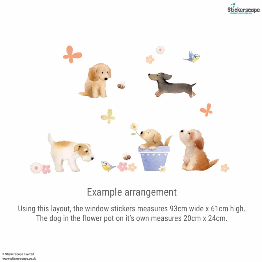 Example layout of dog window stickers featuring playful puppies, a flowerpot, birds, bees and butterflies – approx. 93cm x 61cm.