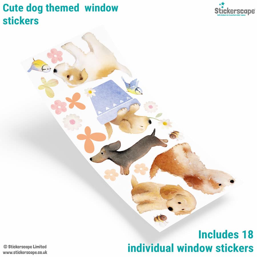 Dog window sticker sheet featuring 18 stickers including playful dogs, a flowerpot, butterflies, bees and decorative flowers.